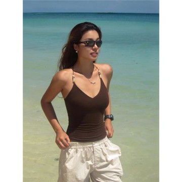 yuuue設計感串珠掛脖吊帶背心女2025夏緊身性感辣妹復古美背上衣