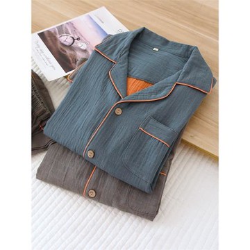 純棉睡衣男士春秋季春款長袖家居服雙層紗布薄款加肥加大全棉套裝