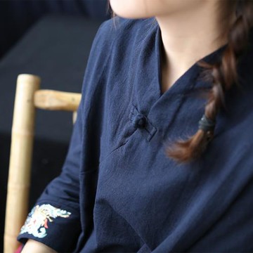 代勒原創女裝復古文藝范女士V領盤扣袖口刺繡棉麻茶服漢服九分袖