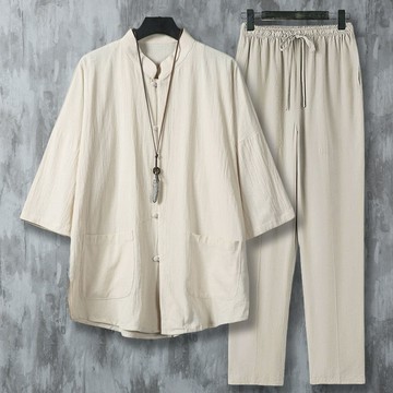 開發票 2025夏季新款民族風棉麻短袖襯衫套裝中國風寬松嘲立領五分袖襯衫 快速出貨