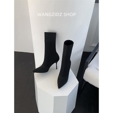 網紅襪靴爆款秋冬季靴子尖頭細跟超高跟鞋毛線中筒瘦瘦靴歐美短靴