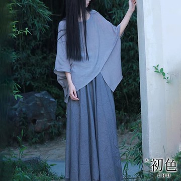 初色 輕薄純色圓領短袖T恤上衣女上衣+直筒半身裙長裙套裝-淺藍色-35398(M-2XL可選)