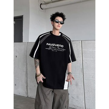 時尚撞色插肩袖短袖T恤男生夏季ins潮重磅機車風條紋拼接寬松上衣
