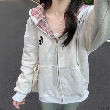 秋冬oversize薄款寬鬆連帽撞色格紋灰色衛衣女慵懶風開衫外套上衣