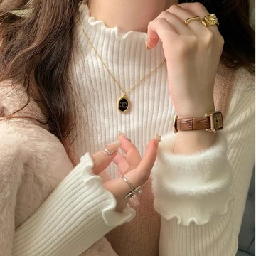 半高領針織打底衫 一體絨加絨加厚打底衫 女秋冬高級感木耳邊毛衣內搭冬季半高領毛衣