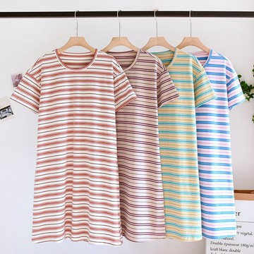 【現貨】自帶胸墊睡裙彈力萊卡棉條紋夏季短睡裙 薄款圓領套頭可外穿家居服