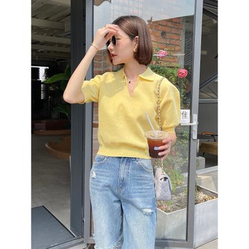 泡泡袖v領針織衫女夏季新款套頭寬松設計感小眾薄款短袖黃色上衣