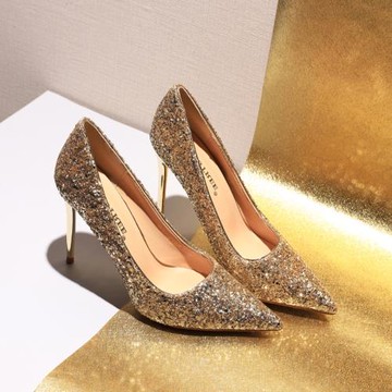 BIGTREE大碼尖頭細跟高跟鞋女水晶鞋伴娘婚鞋禮服2023年春季新款