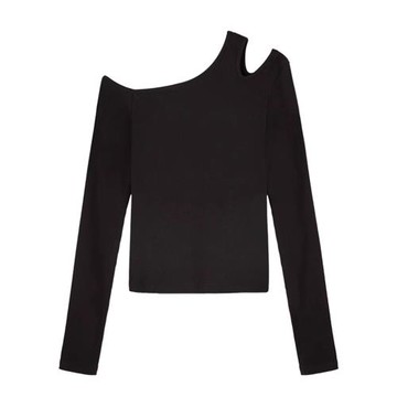 性感黑色辣妹斜露肩長袖T恤女秋冬修身內搭別致設計感打底衫上衣