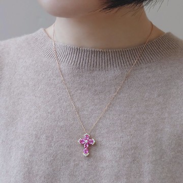 限量現貨 - 天然粉剛粉藍寶 鑲鑽十字架 (L) 18K玫瑰金項鍊 JSN12