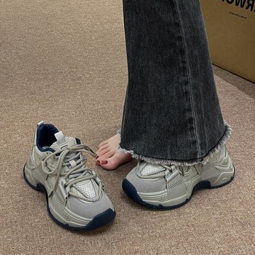 香港潮牌真皮老爹鞋女2026秋冬季新加絨百搭厚底鞋增高休閑運動鞋