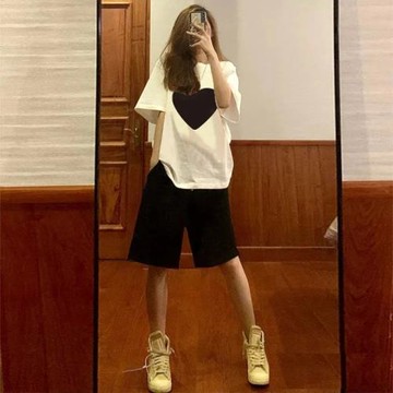 套裝女學生夏季2024新款港風寬松短袖T恤五分闊腿休閑短褲子ins潮
