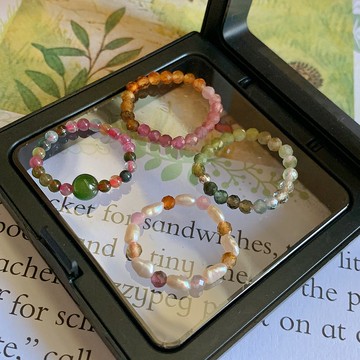 手作 碧璽戒指款 尾戒 碧玉 天然淡水珍珠 純銀珠 復古疊戴氣質