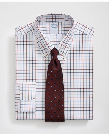 Brooks Brothers Men's Stretch Supima Cotton Non-Iron Pinpoint Oxford Polo Button Down Collar, Multi Windowpane Dress Shirt | Blue | Size 15½ 33