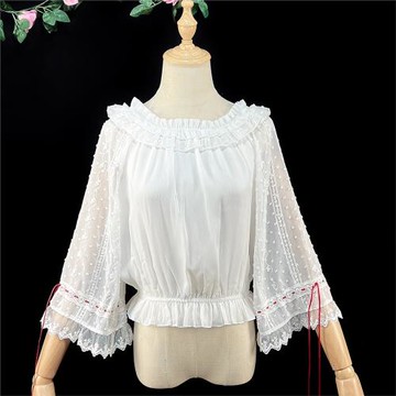 諦夢焚世原創洛麗塔洋裝內搭雪紡夏季喇叭袖七分袖抽繩短袖襯衫