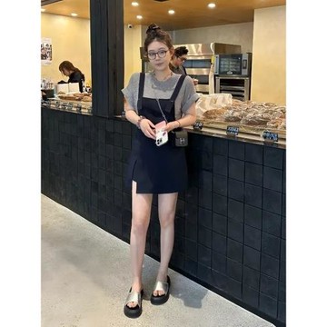 大碼女裝2025新款上衣背帶裙褲兩件套胖mm遮肉巨顯瘦休閑時尚套裝