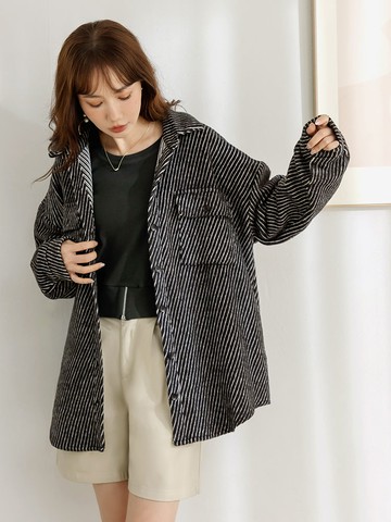 絨毛條紋布雙口袋開襟外套