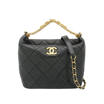 Chanel Hobo 菱格羊皮字母金釦手把斜背飯盒包(AS3242-黑)