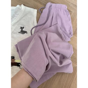 (免運)夏日溫柔紫色松緊高腰顯瘦闊腿褲女夏季顯白褶皺亞麻休閑直筒褲子