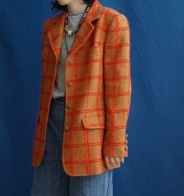 土黃橘格西裝外套復古古著vintage