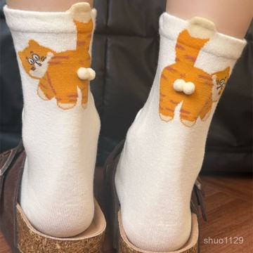 臺灣🚍8H出🉑2025夏季襪子女可愛卡通中筒襪新款立體貓咪蛋蛋ins潮百搭搞怪襪