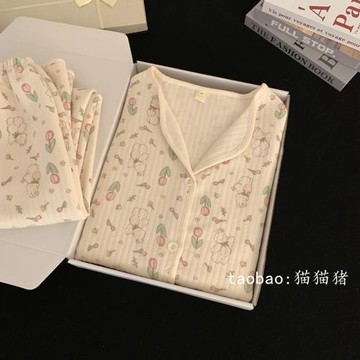 郁金香兔子空氣棉睡衣女純棉冬天加厚保暖長袖套裝寬松春秋家居服