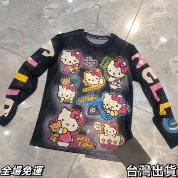 台出免運  網紗防曬打底衫KT貓彩色彈力百搭小衫潮牌女裝圓領長袖上衣設計感AA