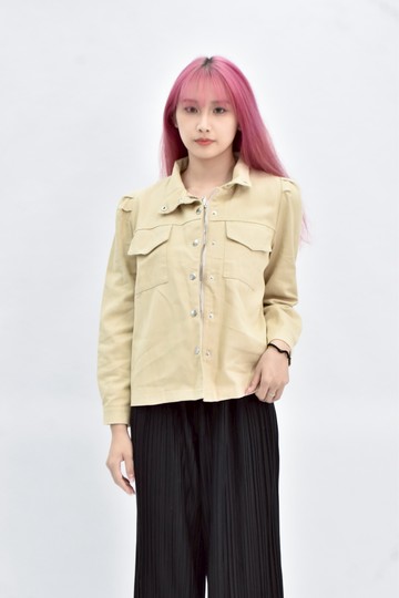 (L) obstyle 牛仔排扣棕色外套