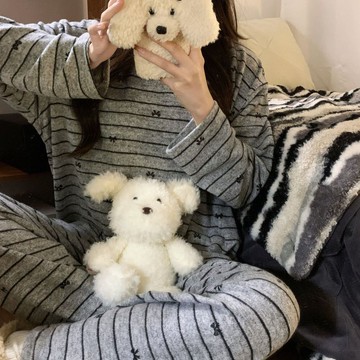 睡衣套裝女 慵懶風睡衣女 秋冬季長袖長褲睡衣 韓版休閒家居服 條紋蝴蝶結家居服兩件套 睡衣女 家居服套裝