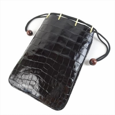 新品 クロコダイル 巾着 ポーチ バッグ 祭り 信玄袋 クロコ 黒