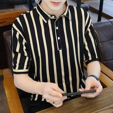 男青年豎條紋上衣|大碼95公斤男裝上衣|輕奢短袖polo衫|休閒豎條紋打底衫|夏季印花短袖衫|修身襯衫翻領polo衫男