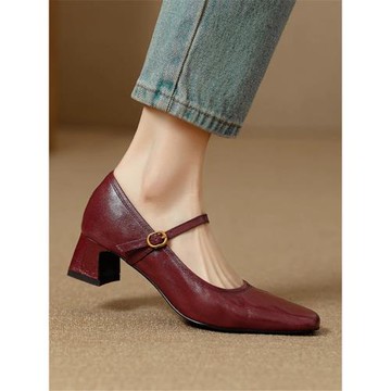 法式復古一字扣瑪麗珍鞋女方頭單鞋軟羊皮軟皮中跟粗跟紅色小皮鞋