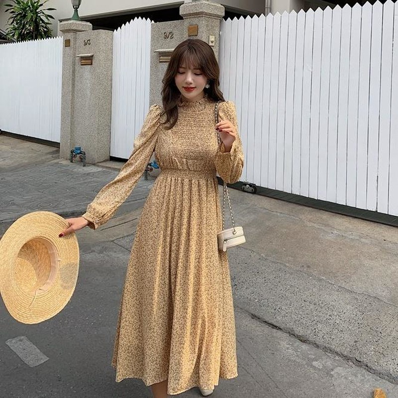ペイズリー フリルネック シフォン Aライン フレア ワンピース ワンピース Aライン ロング丈 レディース 女性 長袖 シフォン