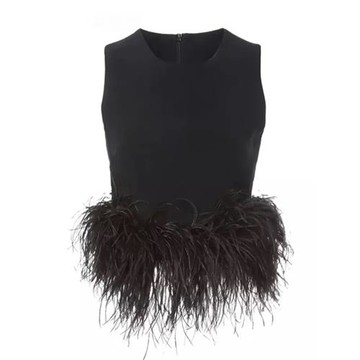 純欲經典款無袖直筒下擺拼接鴕鳥毛上衣短款寬松顯瘦女式純色背心