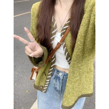 牛油果綠復古針織開衫女秋冬外搭v領韓版別致設計感毛衣外套上衣