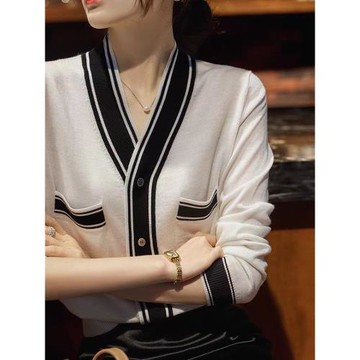 開衫針織外套女2025春秋新款寬松V領小香風復古條紋薄款外搭上衣