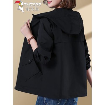 啄木鳥黑色外套女春秋款小個子2025新款中年媽媽連帽休閑寬松夾克