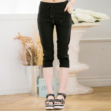 全尺碼-素面口袋抽繩七分褲(顯瘦黑)lingling