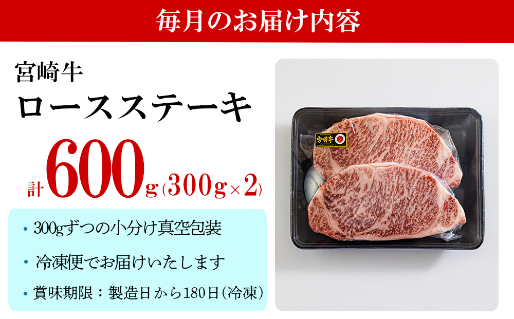  宮崎牛 特上 ロース ステーキ 600g (300g×2枚) 合計2.4kg 真空包装 小分け A4等級以上 牛肉 黒毛和牛 焼肉 BBQ バーベキュー キャンプ サシ 霜降り 贅沢 とろける 柔らかい やわらかい ジューシー 丼 毎月届く 予約 ギフト プレゼント