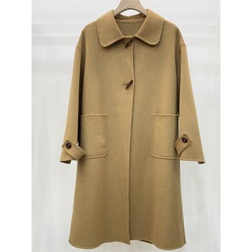 娃娃領雙面羊絨大衣女2024年秋冬裝新款小個子牛角扣羊毛呢子外套