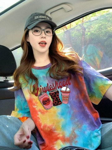 ￭Mr.Right Dream￭ 純棉oversize潮牌塗鴉寬鬆T卹女多巴胺彩色暈染中長版遮肚子上衣