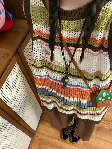 撞色條紋鏤空針織背心女春裝新款韓版寬松疊穿無袖馬甲潮【木屋雜貨】