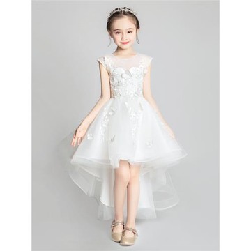 兒童禮服小孩拖尾婚紗白紗蓬蓬裙公主花童女童模特走秀洋氣高貴夏