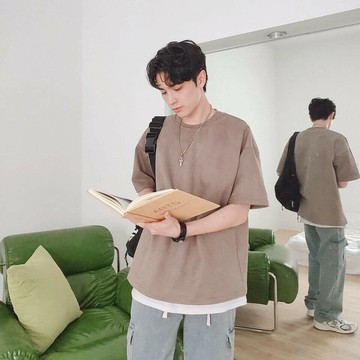 麂皮素面-韓版-短T 短袖 寬鬆落肩 男女可(沙色)    Concept Design