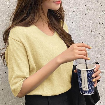 日本 GRL - V領薄針織百搭五分袖上衣-黃 (F)