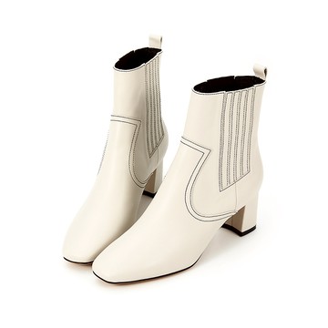 [獨家訂製楦型] 全真皮時髦配色縫線造型切爾西方頭粗跟短靴 白色