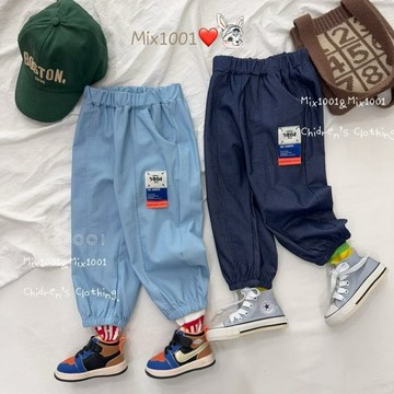🌈✨mix1001 潮系男孩 三色布標車線休閒褲✨兒童 字母標籤拼接縮口褲5-17
