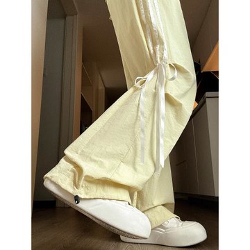 美式工裝褲女夏季2024新款降落傘兵褲直筒蝴蝶結小個子休閑闊腿褲