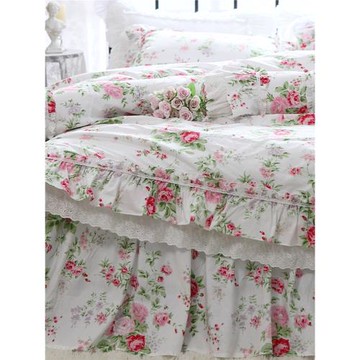 韓式田園公主風粉玫瑰花卉蕾絲全棉純棉床裙款床上用品被套四件套