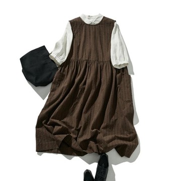 四季實穿無袖條紋連身裙 棉麻混紡 透氣親膚 茶褐色 240414-1